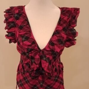 Ralph Lauren Red and Black Plaid Ruffle Blouse